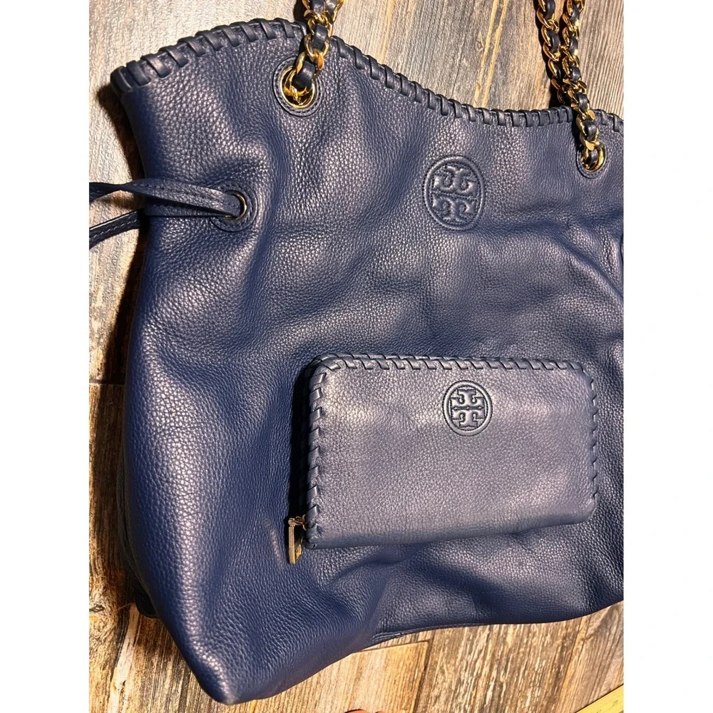 Tory Burch‎ Navy Leather Marion Slouchy Tote Bag Purse Gold Chain & Wallet EUC